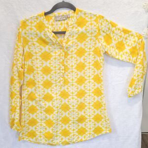 Women's Yellow White Top Batik Tie Dye Print Tunic Size S